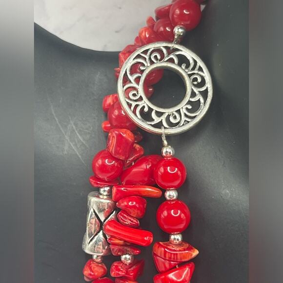 Vintage Premier Designs red coral and silver tone bracelet and necklace set - Picture 6 of 11